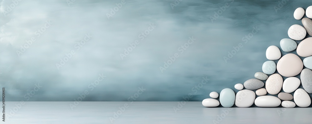 Poster a serene arrangement of smooth stones stacked against a soft, muted backdrop, creating a calming aes