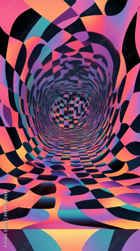 Poster an abstract vibrant tunnel of swirling colors and patterns, creating a sense of depth and movement.