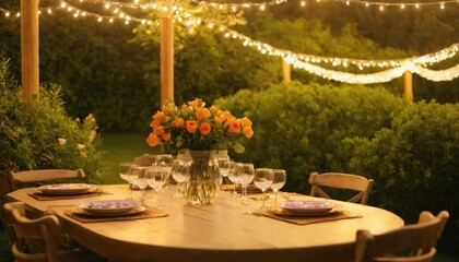 Fototapeta premium A golden sunset casting warm light over a decorated outdoor garden with fairy lights, flowers, and a sparkling table setting