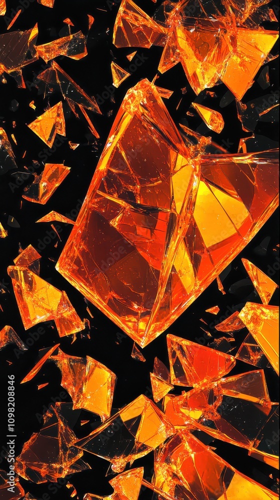 Poster stunning orange crystal shards sparkle against a black background, creating a mesmerizing visual eff