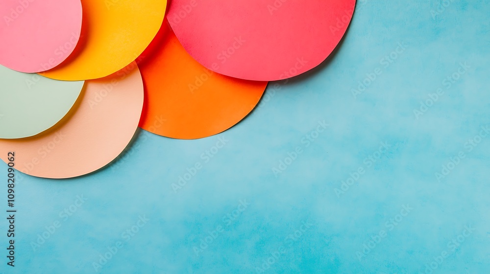 Poster vibrant layered circles in vivid colors on a soft blue background creating a visually striking graph