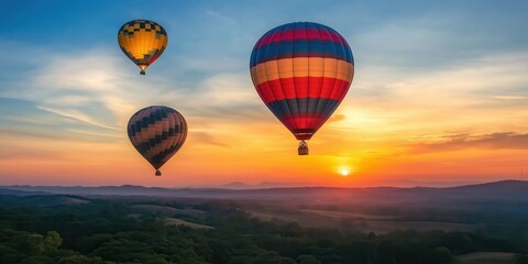 Fototapeta premium Colorful hot air balloons soar over a stunning desert landscape at sunset. created by ai
