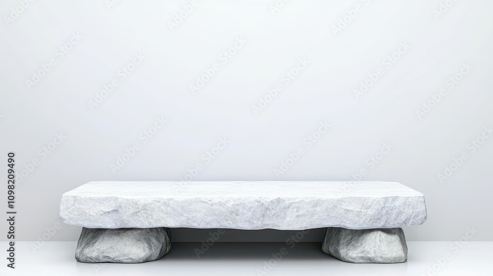 Poster a minimalist stone bench with a simple design, set against a plain wall, emphasizing modern aestheti