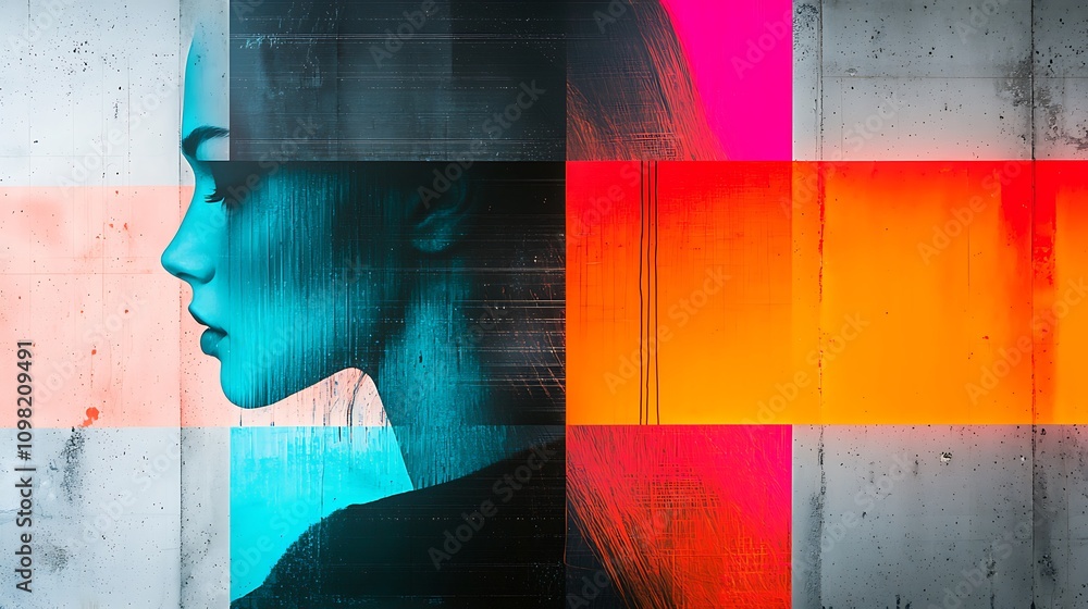 Poster abstract artistic composition featuring multiple colorful shapes and a female silhouette against a t