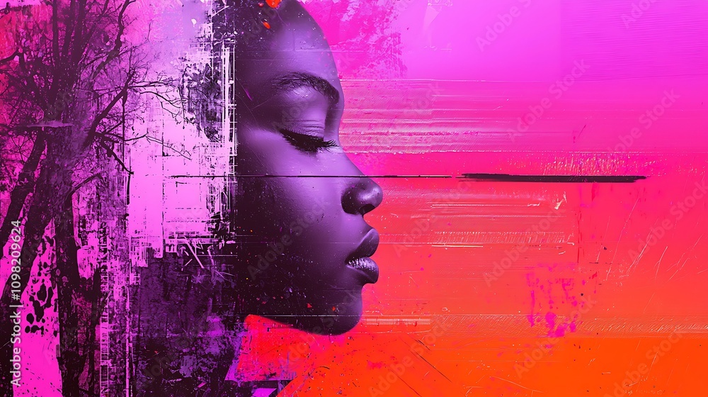 Poster abstract composition featuring profile silhouette with vivid colors and textures, capturing the esse