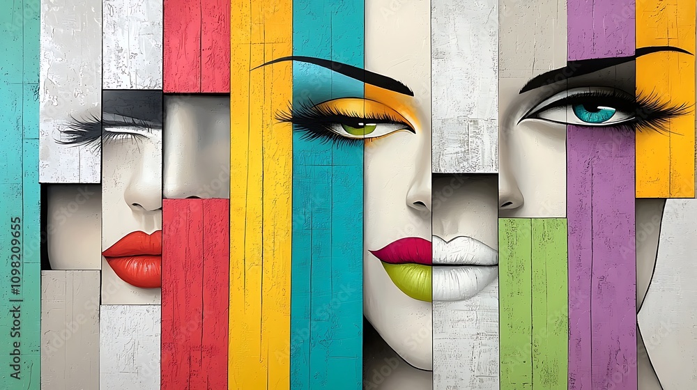 Poster abstract composition featuring multiple faces with colorful blocks and modern design elements creati