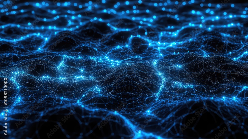 Poster illuminated data circuits with soft blue glows, connecting in an abstract pattern over dark surfaces
