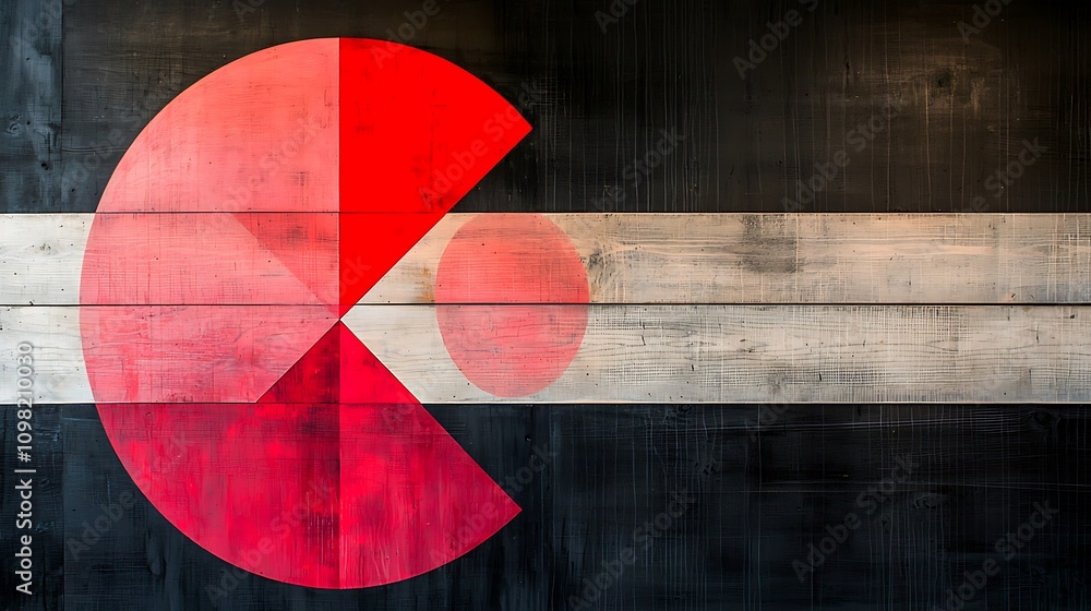Poster abstract composition of overlapping red circular shapes on a dark background with stripes in a uniqu