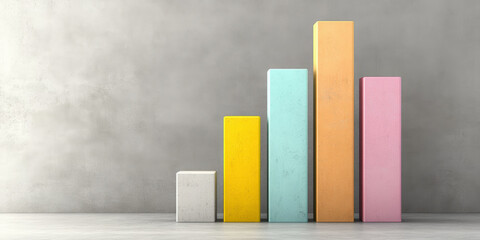 Colorful 3D bar chart against a gray background, highlighting varying heights in pastel shades of white, yellow, turquoise, orange, and pink.