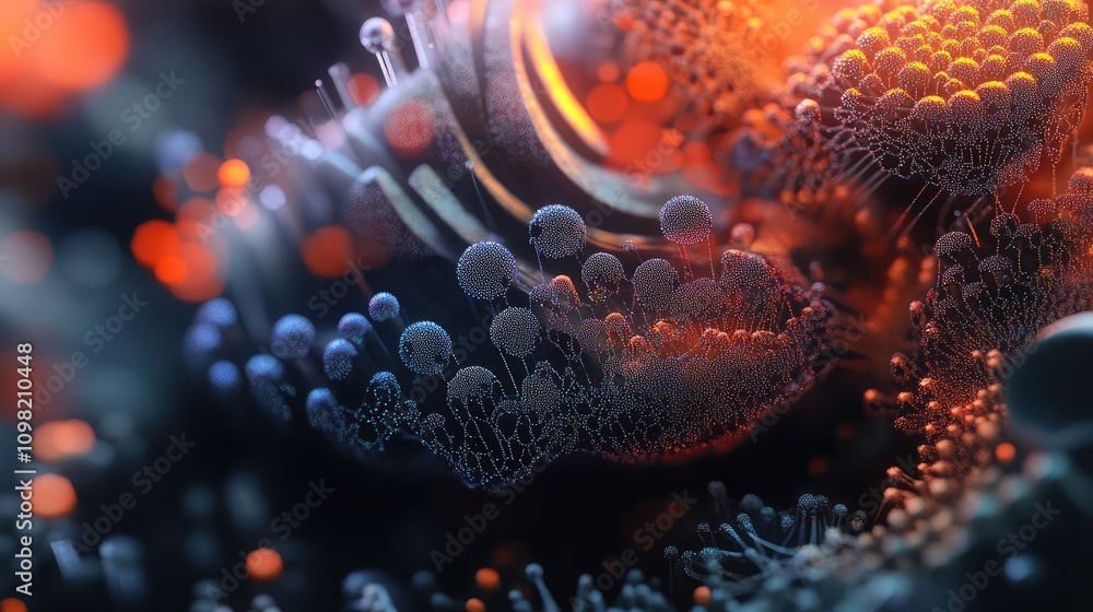 Poster illuminated digital points under a virtual microscope, blending organic shapes with tech-inspired vi