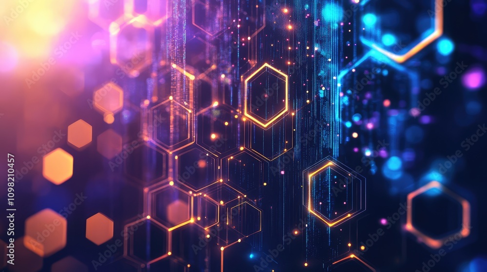 Poster illuminated hexagon pattern symbolizing data flow, with gradient neon hues over a dark digital space