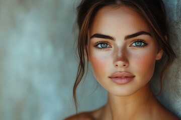 Naklejka premium Glowing Skin Headshot Natural Makeup, Brown Eyes, Soft Lighting