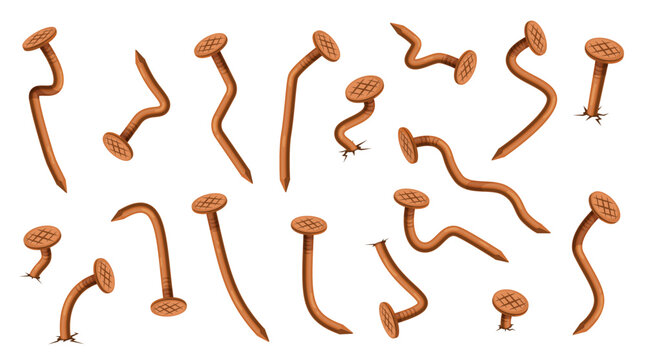 Rusty curved nails. Vintage iron bent hobnails with checkered heads, hammered old pins, carpentry connecting industrial instrument elements, cartoon flat isolated nowaday vector set