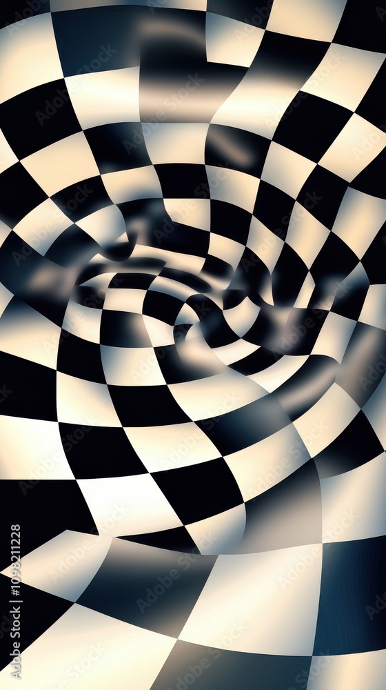 Poster a mesmerizing spiral of black and white checkered patterns, creating a dynamic sense of depth and mo