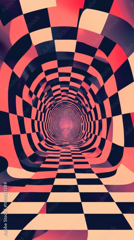 Poster a mesmerizing abstract tunnel design in black and pink shades, creating a sense of depth and movemen