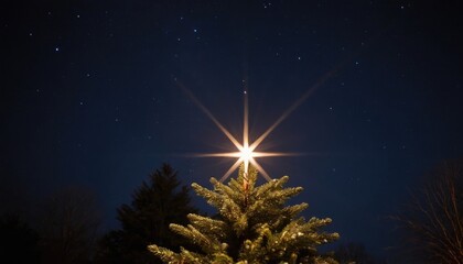 Fototapeta premium A celestial scene with a bright, shining Christmas star illuminating a dark, winter sky.