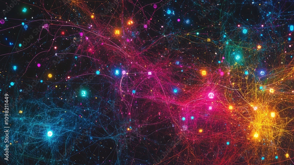 Poster interwoven lines of light with scattered digital symbols, representing abstract cyber data in dynami