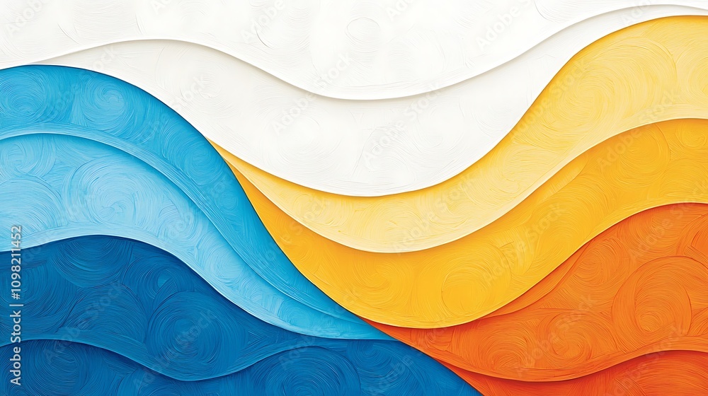 Poster artistic interpretation of sound waves with vivid colors and fluid shapes, featuring blue, white, ye