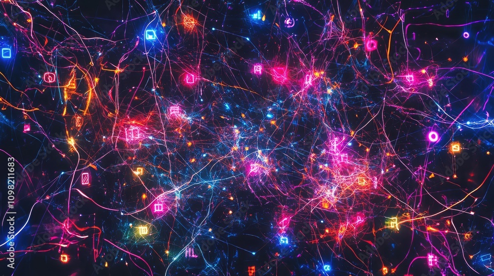 Aufkleber interwoven lines of light with scattered digital symbols, representing abstract cyber data in dynami
