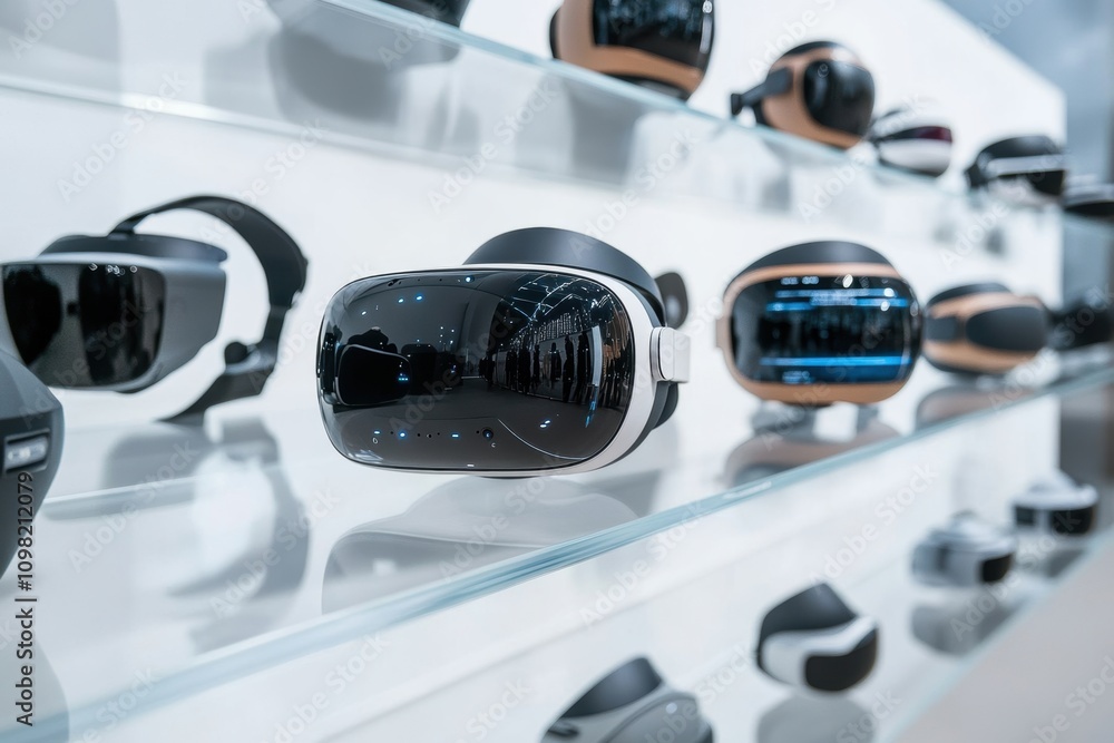 Poster futuristic vr display, futuristic vr headsets displayed neatly on a sleek shelf, emphasizing forward