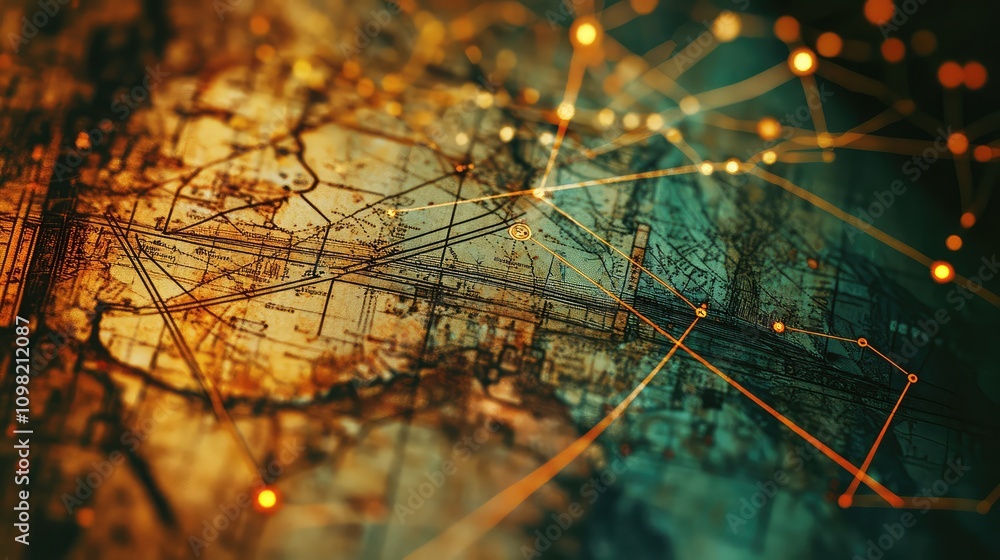 Poster intricate data points and glowing lines layered over a faded vintage map background, creating a blen