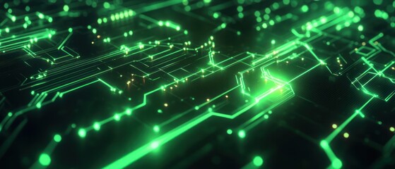 A digital circuit board illuminated with green lights, representing technology and innovation.