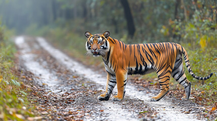 Obraz premium Majestic tiger resting gracefully in a lush green meadow under the warm afternoon sun near a tranquil forest backdrop