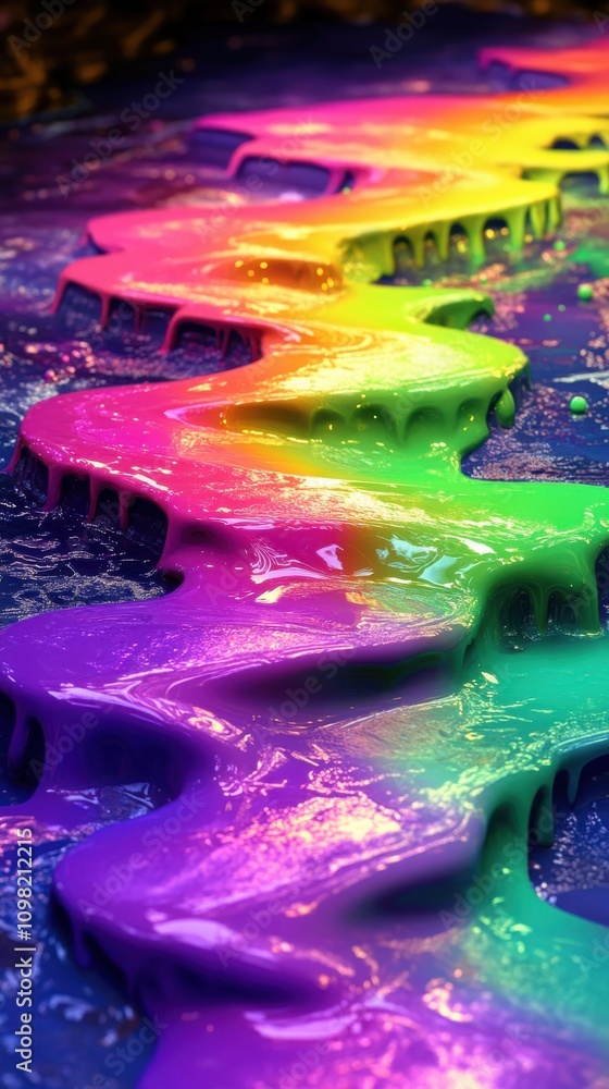 Poster vibrant rainbow paint cascading in fluid waves, creating a mesmerizing colorful path.