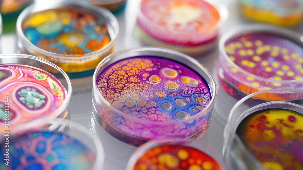 Poster intricate micro data patterns in a petri dish design, with vibrant colors resembling cellular struct