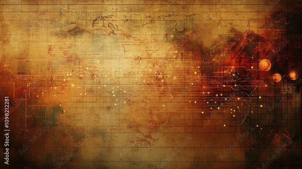 Poster intricate data points and glowing lines layered over a faded vintage map background, creating a blen