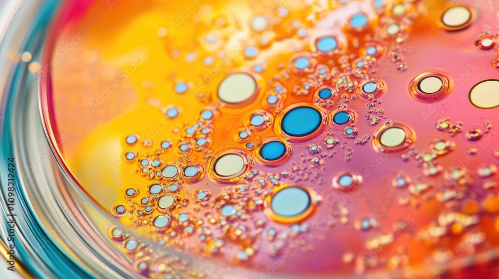 Poster intricate micro data patterns in a petri dish design, with vibrant colors resembling cellular struct