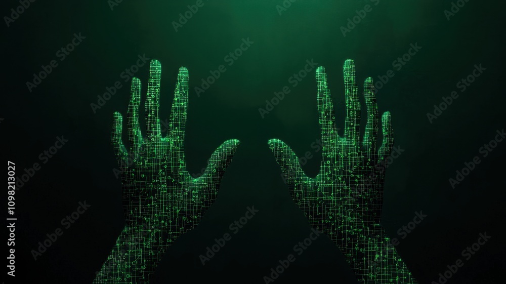 Poster anti tracking technology conceptual. abstract image of hands illuminated in green, displaying a digi