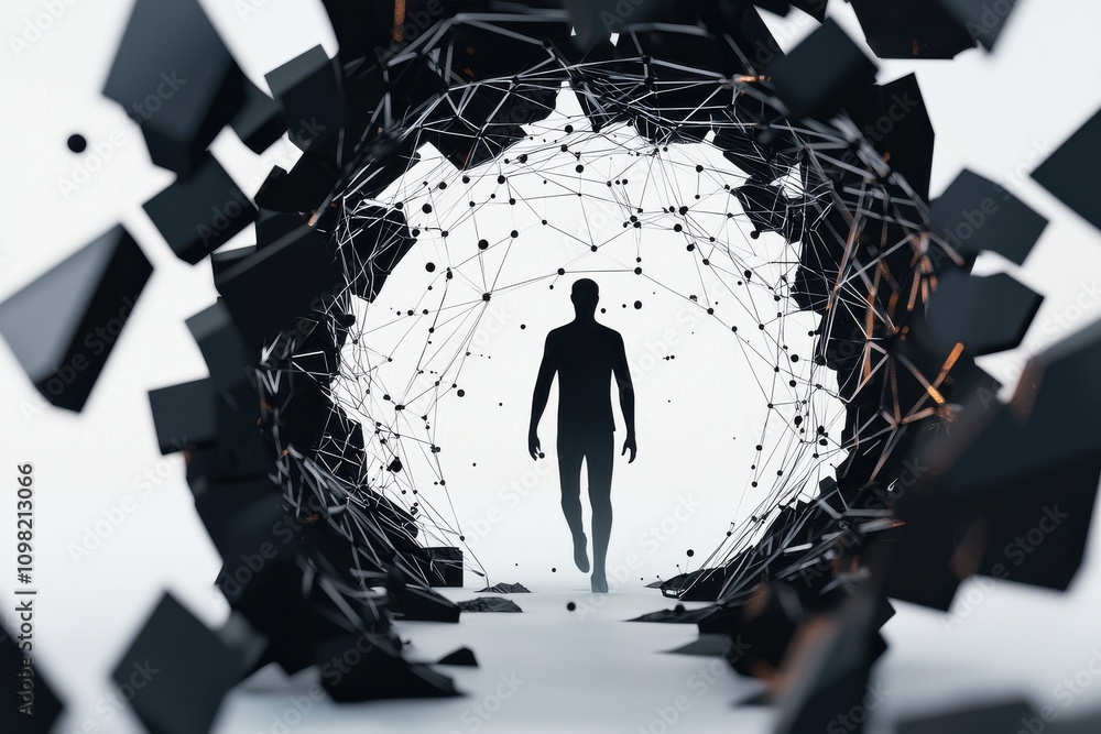 Poster a silhouette walks through a fragmented tunnel of geometric shapes, symbolizing a journey through ab