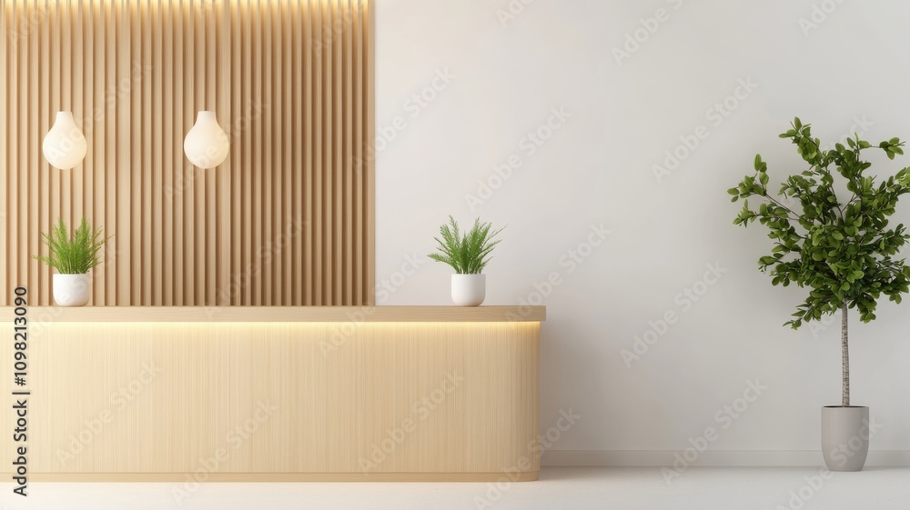 Poster modern reception area with elegant design and natural elements.