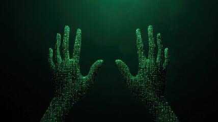 Obraz premium Anti tracking technology conceptual. Abstract image of hands illuminated in green, displaying a digital grid pattern, symbolizing technology, data, and the connection between human and digital realms.