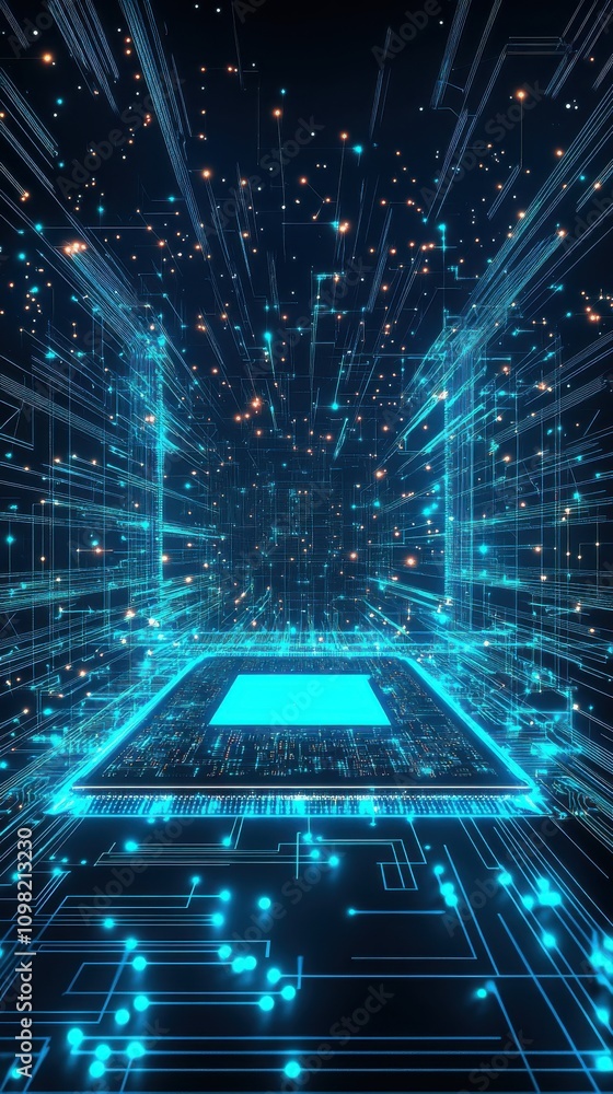 Poster futuristic digital circuitry with glowing blue lights and a central microchip, creating a sense of d