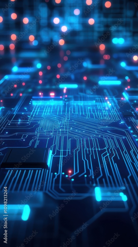 Poster a close-up view of an intricate circuit board with glowing blue lights and soft red accents, creatin