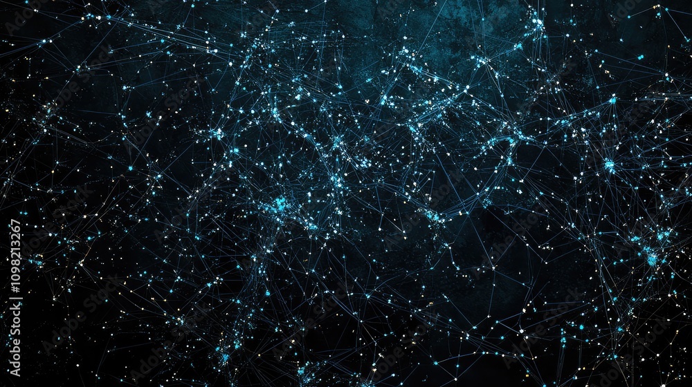 Poster layered data map with overlapping networks, nodes, and blue-tinted lines over a dark background