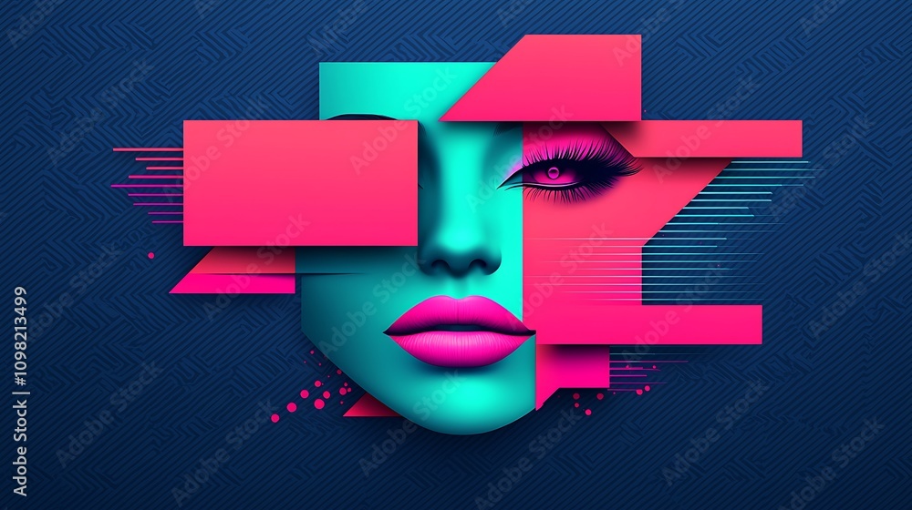 Poster an intricate digital abstract portrait featuring bold colors and geometric shapes, capturing a uniqu