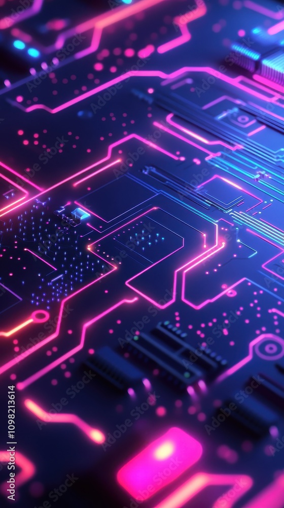 Poster close-up of a vibrant and futuristic circuit board with glowing neon paths and intricate details.