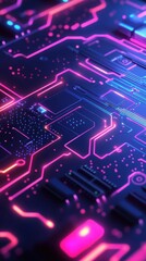 Obraz premium Close-up of a vibrant and futuristic circuit board with glowing neon paths and intricate details.