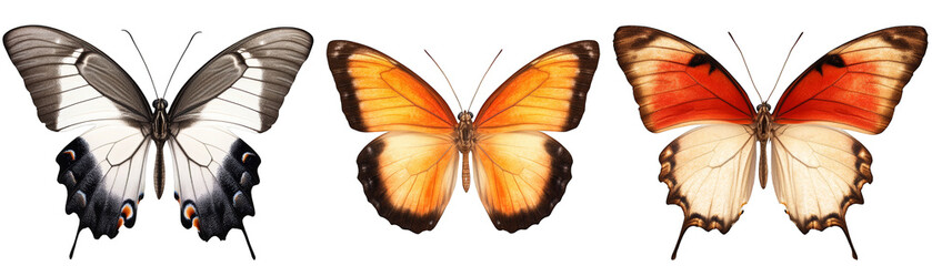 Fototapeta premium Four colorful butterflies isolated on black background, a stunning display of insect beauty and nature's colorful palette