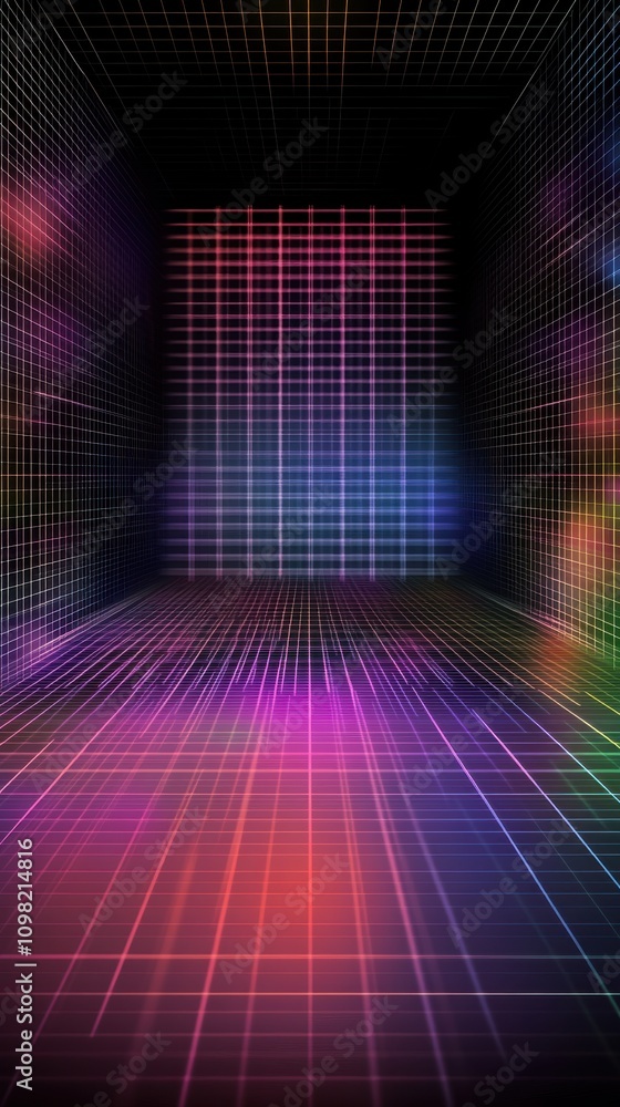 Poster a vibrant neon grid concept with colorful lights in a dark abstract space.