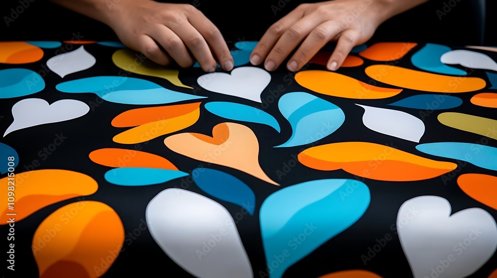 Poster close-up of hands working on an intricate neon-colored pattern with vibrant hearts and leaves on a b