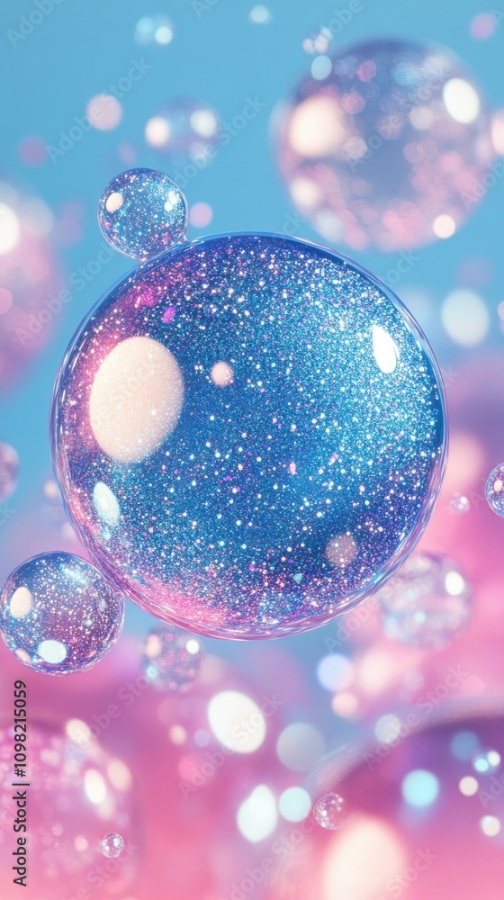 Poster a close-up of shimmering soap bubbles with colorful sparkles and gradients, creating a dreamy atmosp