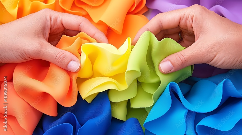 Poster close-up of hands working on intricate neon textiles showcasing a vibrant palette of colors for crea