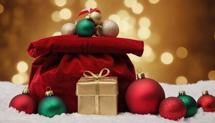 Obraz premium Santa's red velvet bag overflowing with beautifully wrapped presents and festive ornaments, with a soft snow-dusted background