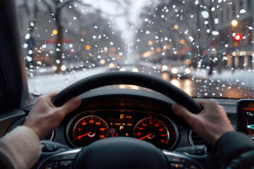 Driver, snow-covered road visible through windshield, hands firmly on wheel