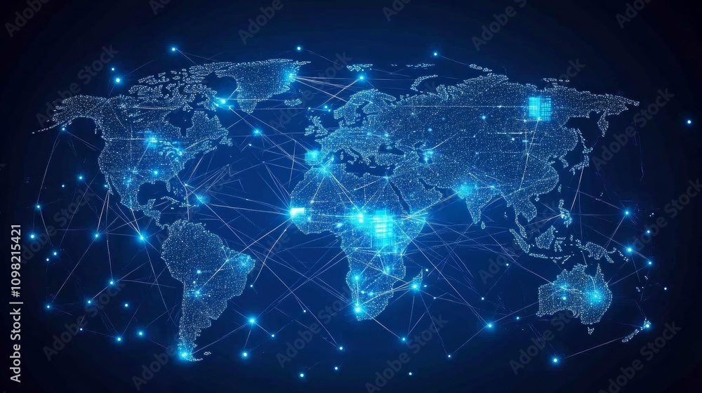 Poster global network connection, world map with glowing nodes and lines.