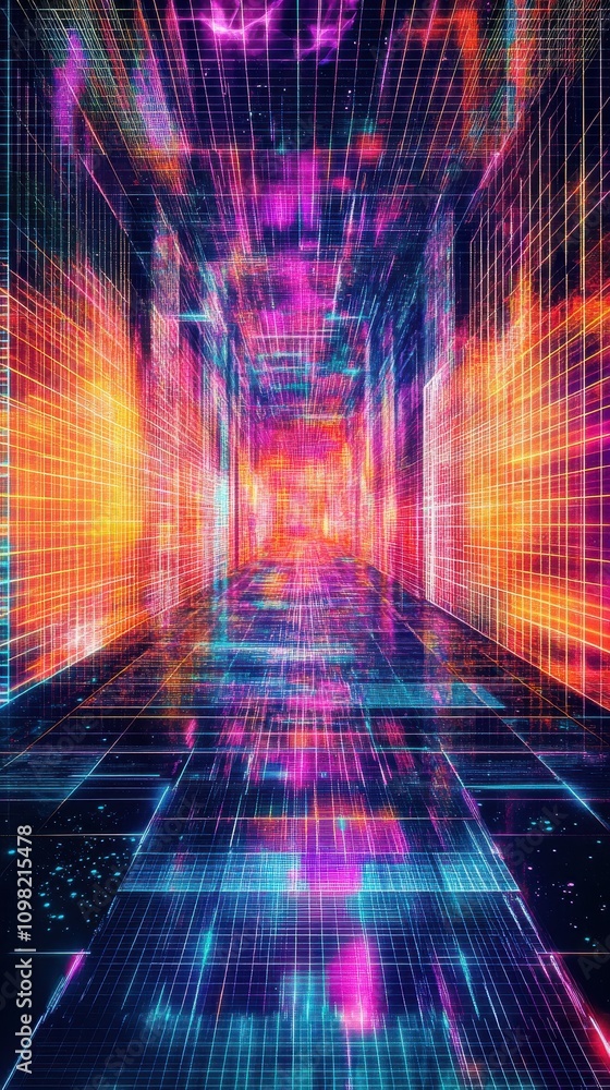 Poster a vibrant, futuristic corridor with glowing grids and colorful neon lights, creating a mesmerizing i